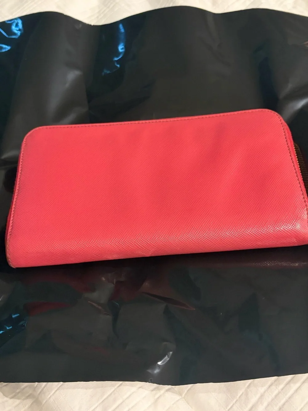 Prada Pink Saffiano Leather Metal Lettering Zip-Around Long Wallet